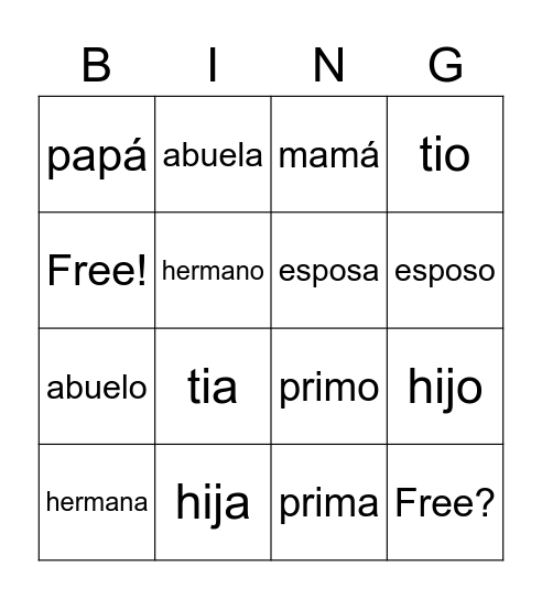 Names for Family Bingo Card