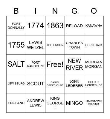 Western Virginia Frontier Bingo Card