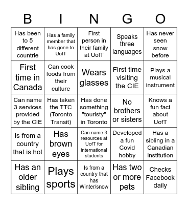 International Student's Bingo Card