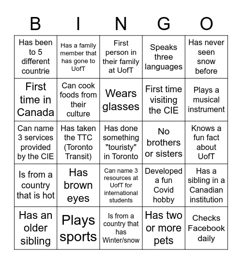 International Student's Bingo Card