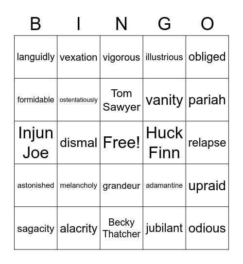 Tom Sawyer Vocabulary Bingo Card