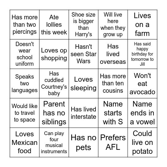 Signature Rush Bingo Card