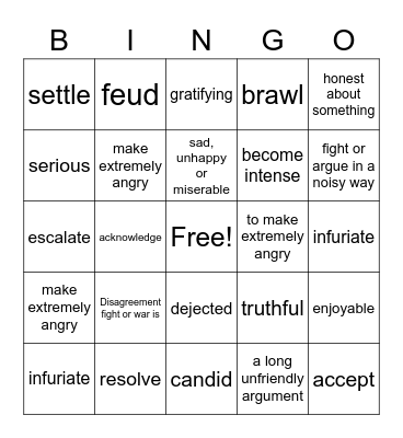 Conflicts & Clashes Vocabulary Bingo Card