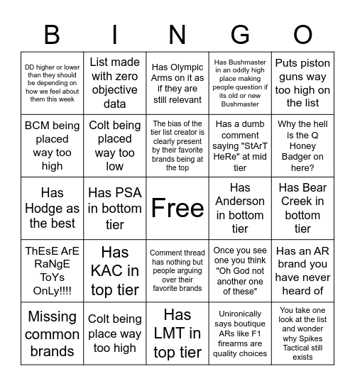 AR-15 Tier List bingo Card