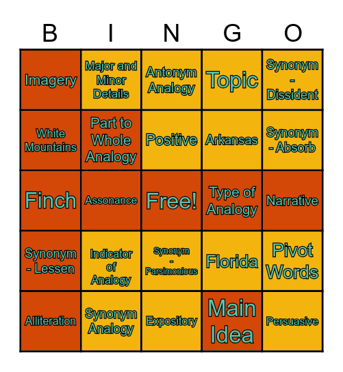 SSAT UPPER LEVEL BINGO Card