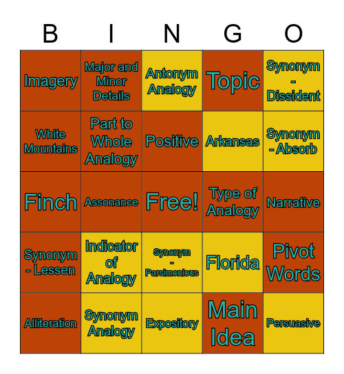 SSAT UPPER LEVEL BINGO Card