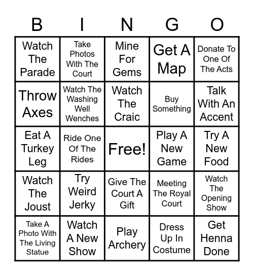 Renaissance Festival Bingo Card