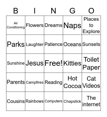 Thankfulness Bingo! Bingo Card