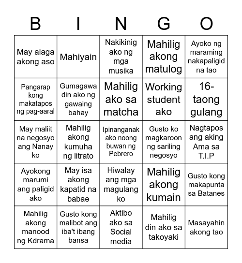 Me-Ingo Bingo Card