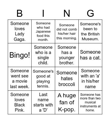 Get to know everybody bingo Card