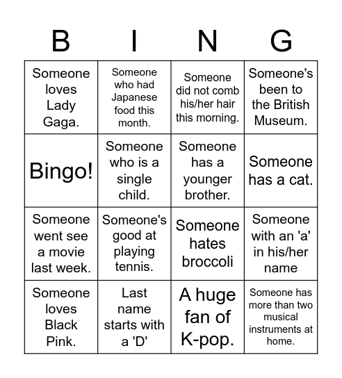 Get to know everybody bingo Card