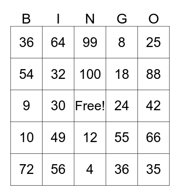 Multiplication Facts  Bingo Card