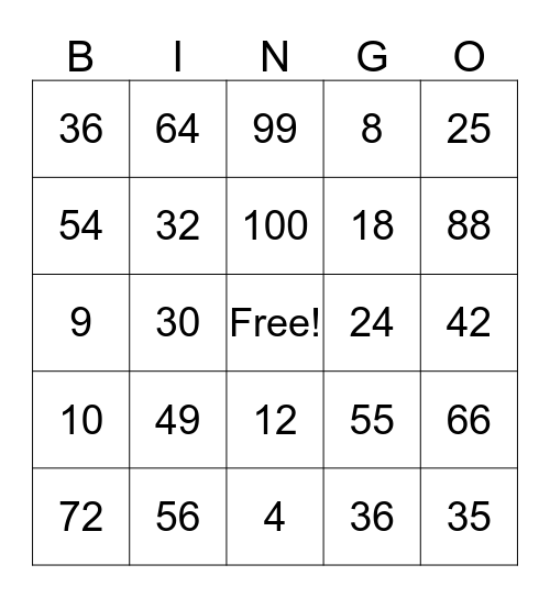 Multiplication Facts  Bingo Card