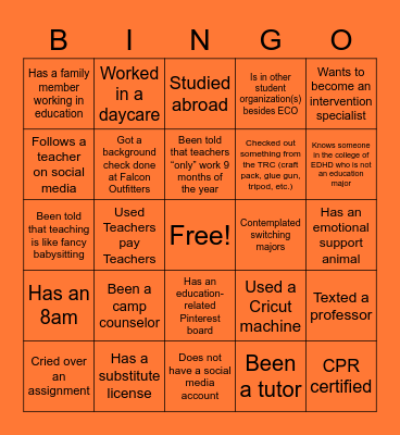 Early childhood BGSU Bingo Card