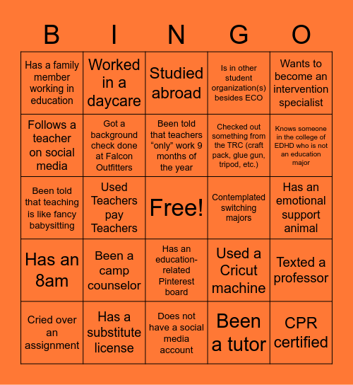 Early childhood BGSU Bingo Card