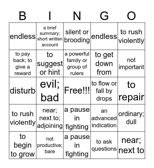 Vocabulary Unit 1 Bingo Card