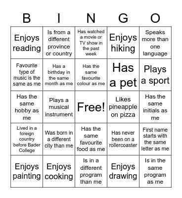 New Connections Bingo Card