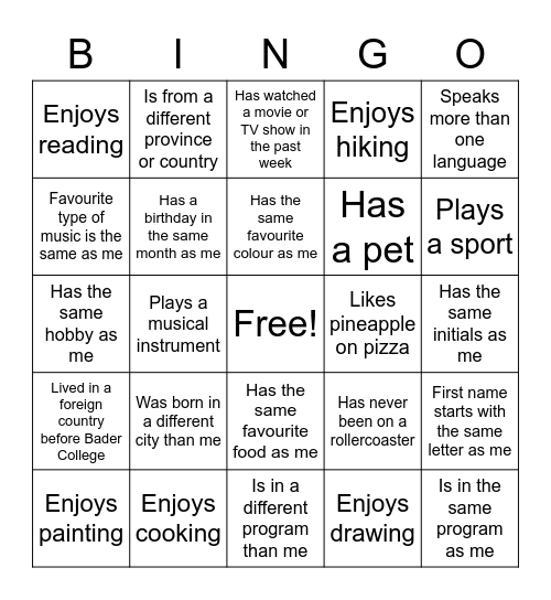 New Connections Bingo Card
