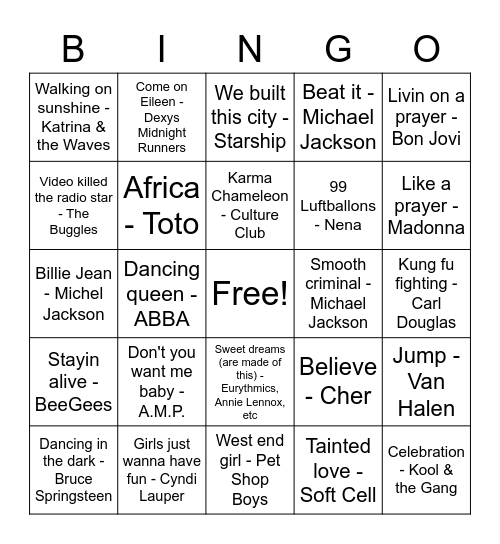 70s & 80s Bingo Card