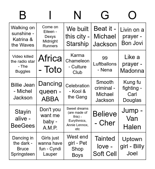 70s & 80s Bingo Card