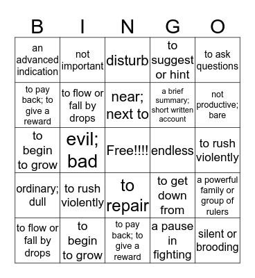 Vocabulary Unit 1 Bingo Card