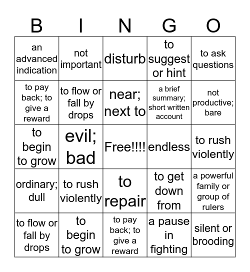 Vocabulary Unit 1 Bingo Card