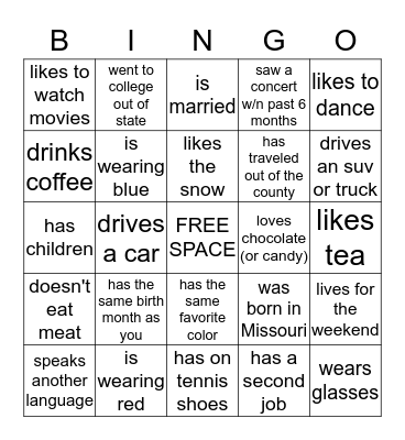 "Getting to know You"  BINGO Card