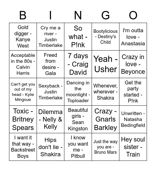 00s Bingo Card