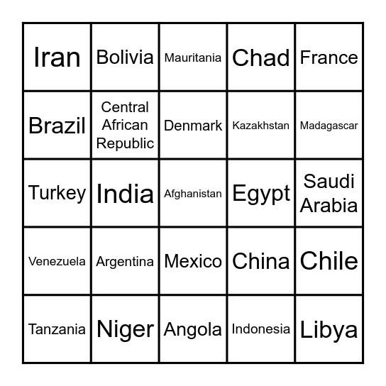 Largest Countries Bingo Card