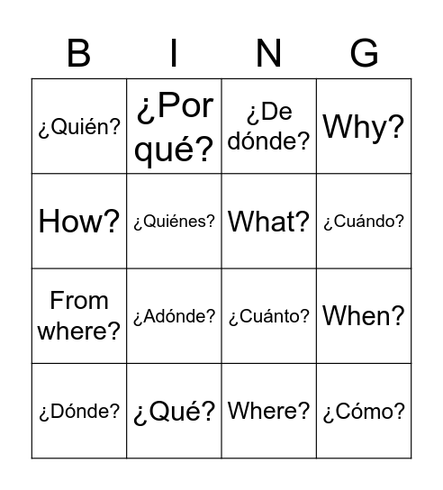 Spanish Question Words Bingo Card