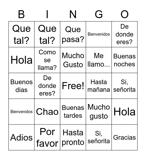 Spanish 1 Greetings Bingo Card