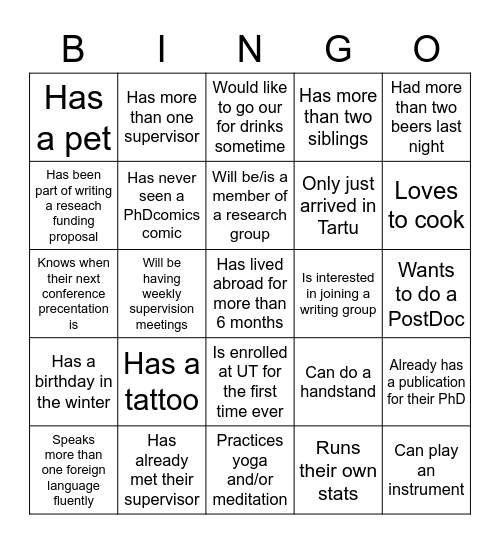 PhD bingo Card