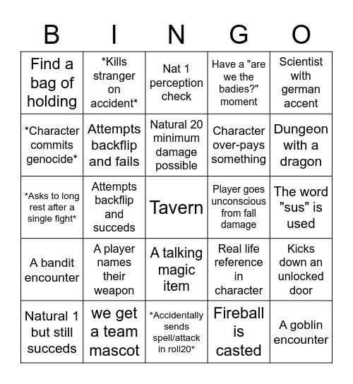 dnd random bingo i made Bingo Card