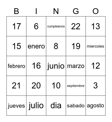 Duff Sp 1 El Calendario Bingo Card