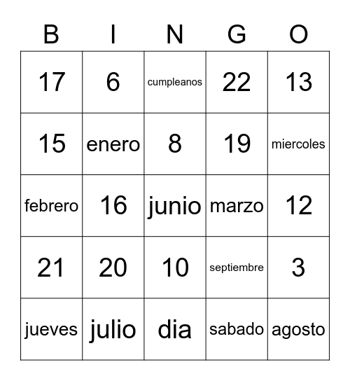 Duff Sp 1 El Calendario Bingo Card