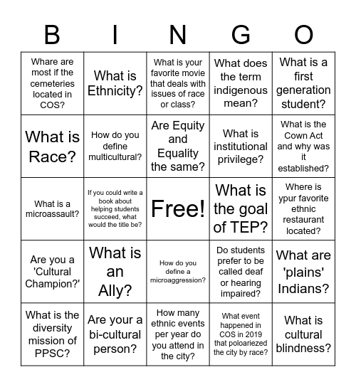 The Equity Project Orientation Bingo Card