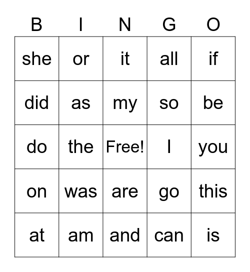 Sight Word Bingo Card