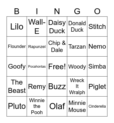 Disney Characters Bingo Card