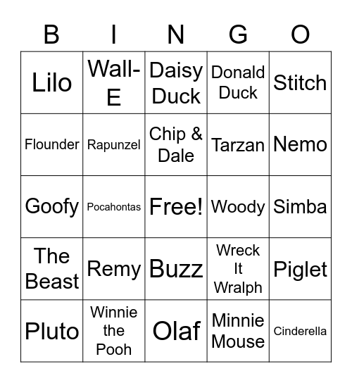 Disney Characters Bingo Card