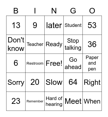 ASL Numbers and Signs Bingo Card