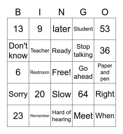 ASL Numbers and Signs Bingo Card