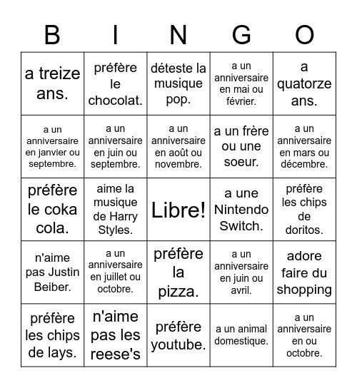 Je cherche un personne qui... Bingo Card