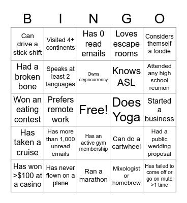 Get to know your team! Bingo Card