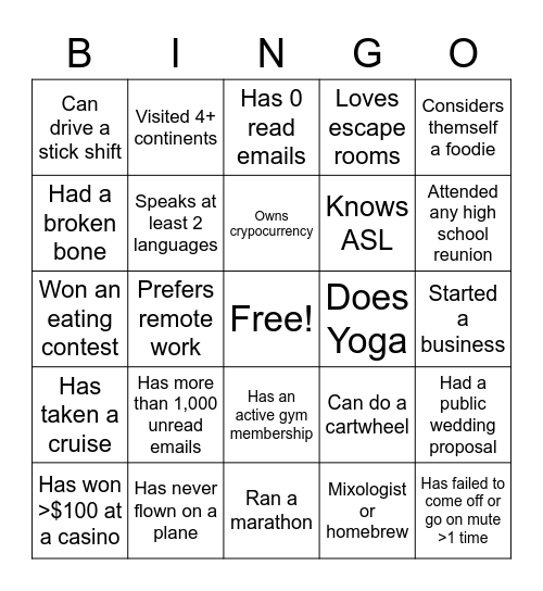 Get to know your team! Bingo Card