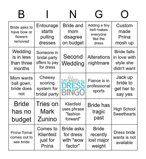 Maddie's Say Yes to the Dress Bingo Party Bingo Card