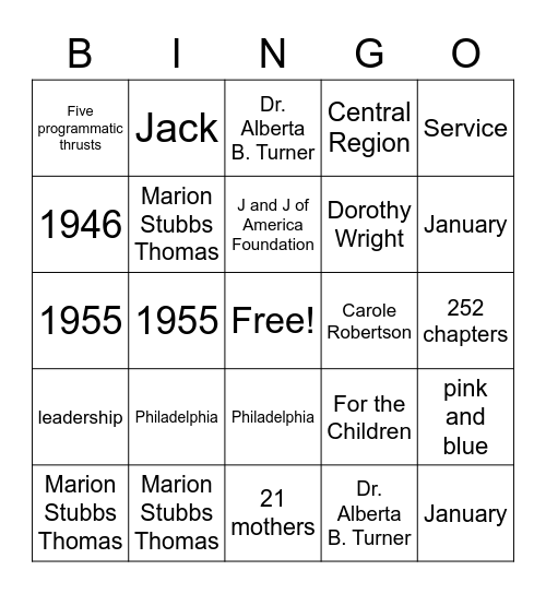 Jack and Jill of America Bingo Card