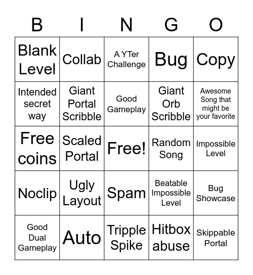 Recent Tab Bingo (Geometry Dash) Bingo Card