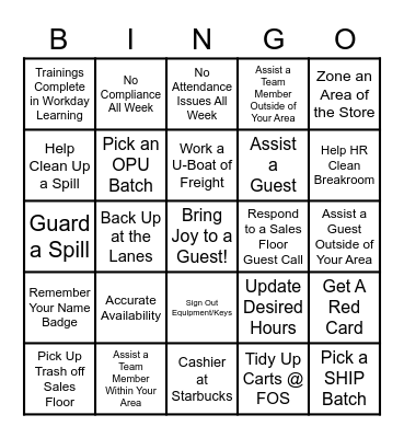 Team Member Giving Bingo Card