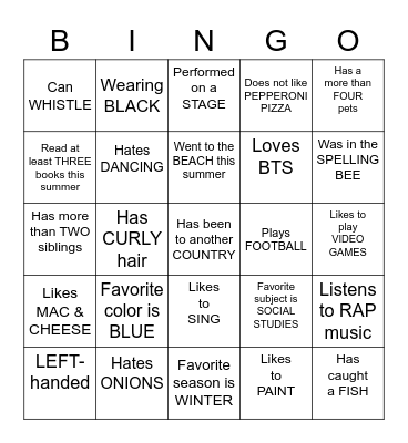 Get To Know You Bingo Card