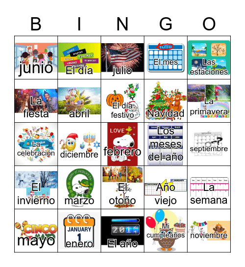 Los Días-Los Meses-Las Estaciones en Inglés Bingo Card